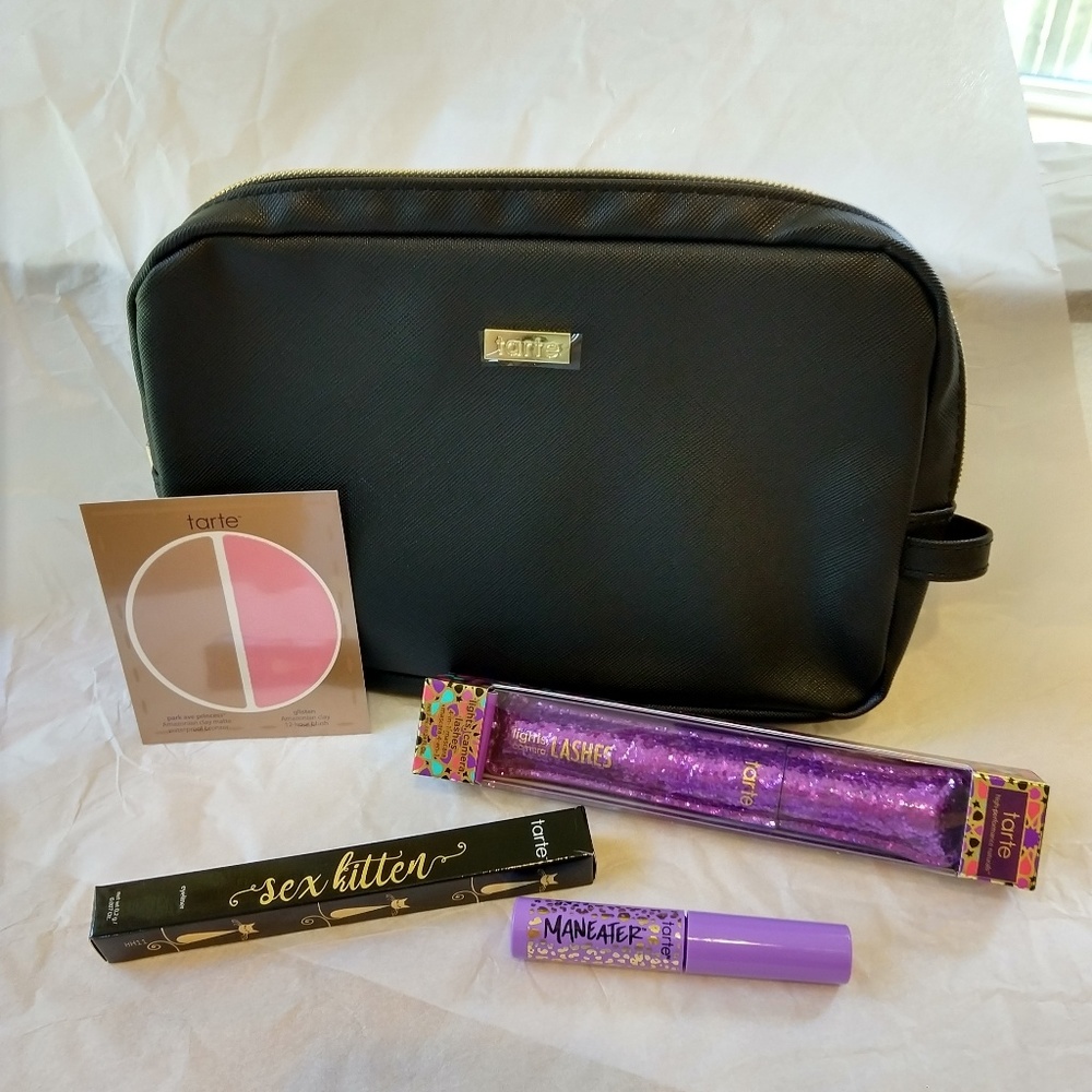 Black tarte cosmetic bag with deep purple satin lining 9x7